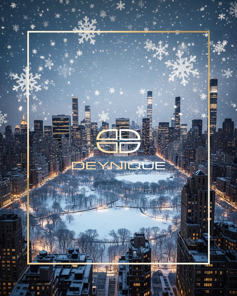 Das Deckelmotiv des DEYNIQUE Adventskalenders 2026: verschneite New Yorker Skyline über dem Central Park