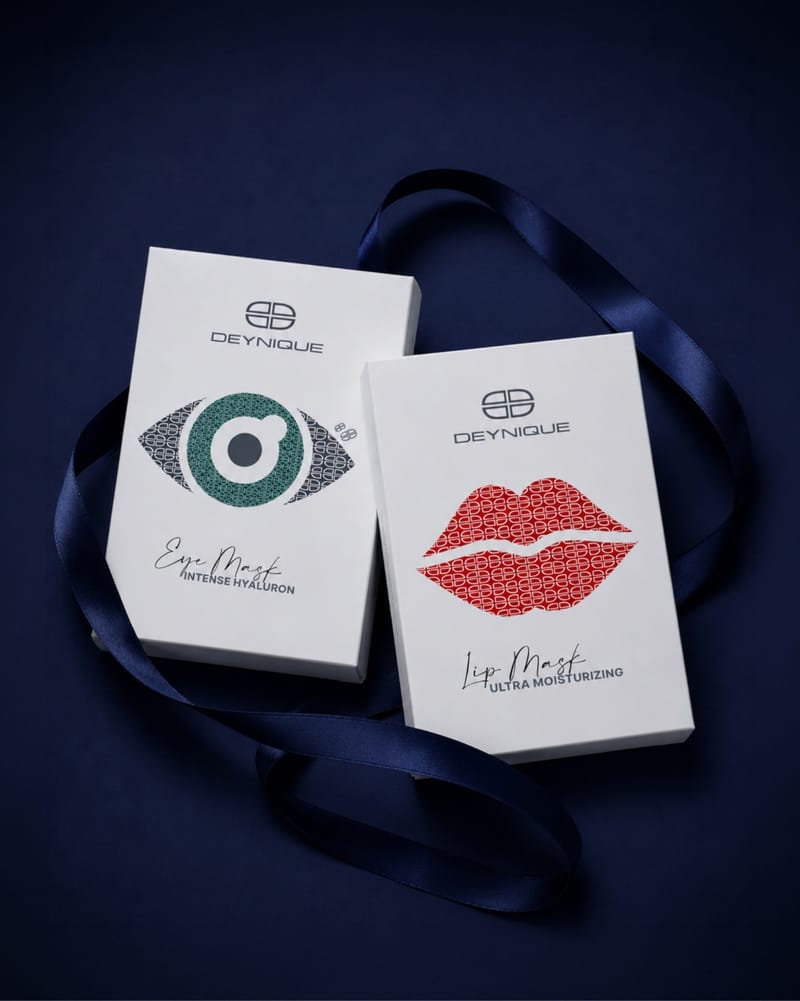 DEYNIQUE Eye Mask Intense Hyaluron und Lip Mask Ultra Moisturizing, zwei Schachteln mit nachtblauem Band