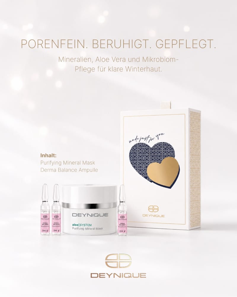 DEYNIQUE Geschenkset Feine Festtage: Geschenkbox mit Herzmotiv, davor Purifying Mineral Mask und drei Ampullen. Bildtext: Porenfein. Beruhigt. Gepflegt. Mineralien, Aloe Vera und Mikrobiom-Pflege für klare Winterhaut. Inhalt: Purifying Mineral Mask, Derma Balance Ampulle.