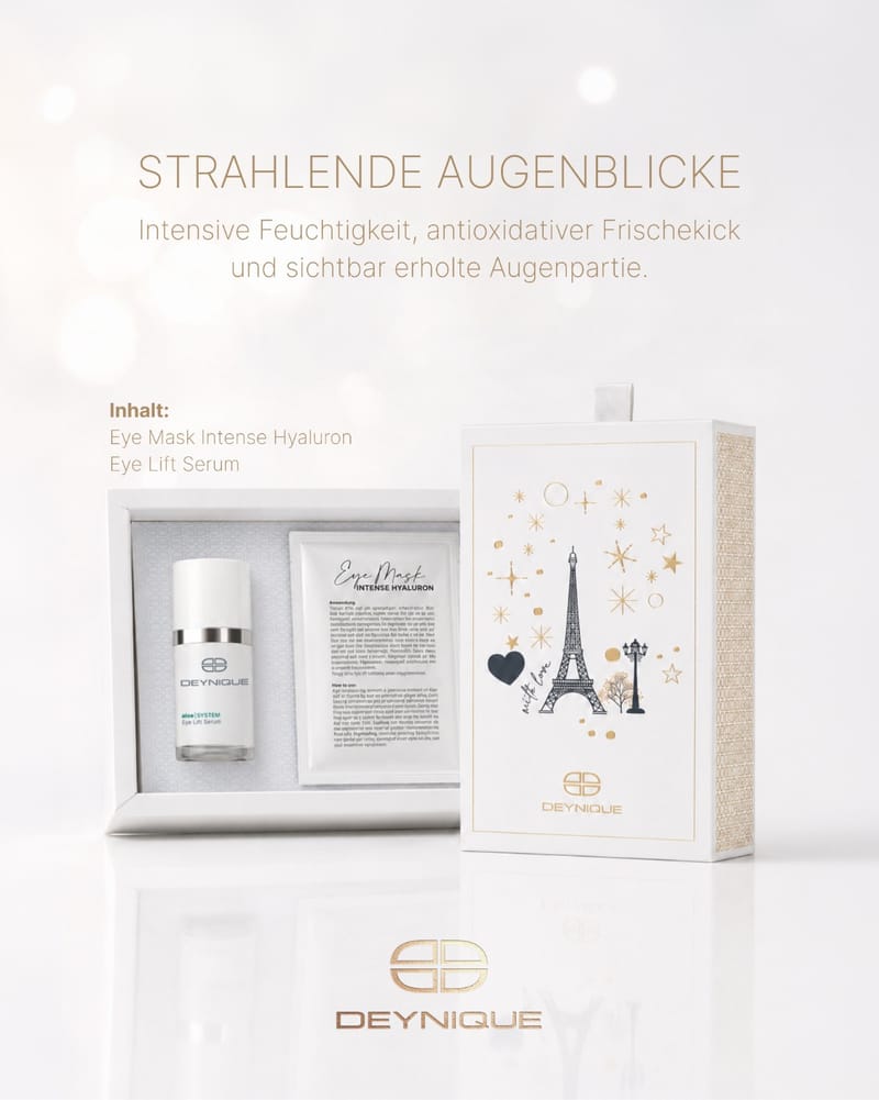 DEYNIQUE Geschenkset Strahlende Augenblicke: Geschenkbox mit Eiffelturm, daneben Eye Lift Serum und Eye Mask. Bildtext: Strahlende Augenblicke. Intensive Feuchtigkeit, antioxidativer Frischekick und sichtbar erholte Augenpartie. Inhalt: Eye Mask Intense Hyaluron, Eye Lift Serum.